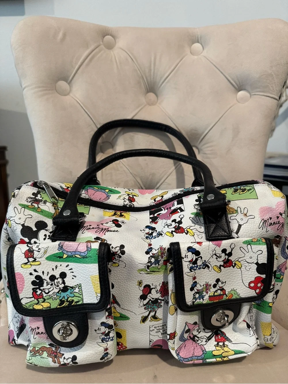 Disney White Multicolor Mickey & Minnie Graphic Satchel Bag